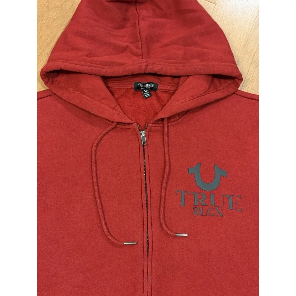 True Religion Hoodie Full Zip Red Maroon XL Buddha Graphic Logo Bubble Print Y2K